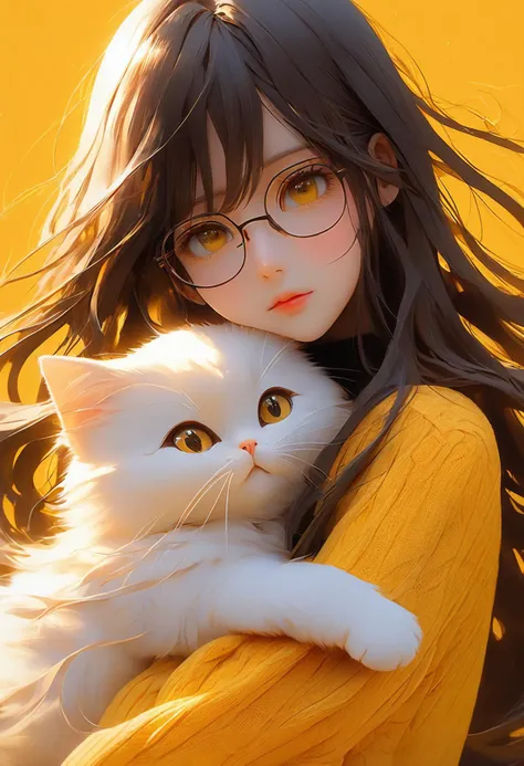 Showing a charming girl with long flowing hair,Wearing half-rimless glasses,holding a cute cat tightly,showing concern. The background is yellow,which contrasts well with her white sweater,highlighting her intricate facial features,especially her charming eyes,which seem to hide an unknown secret. Her eyes are black. This masterpiece Taking the viewer into a world of deep emotions and mystery,proving the perfect harmonious combination of artistic expression and technological innovation,<lora:add-detail-xl:0.8>, lazy \(idolmaster\),<lora:blindbox_V1Mix:0.5>,