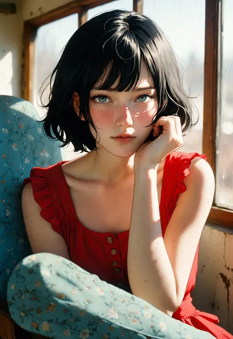 Clean, random film stills, chinese, in the style of gothic references, still, in the style of Contemporary photography, short black hair, alone, Sitting in a chair, the sun shone through the window on her cheek. in the style of laura makabresku, a beautiful girl, There are several light brown freckles on the cheek, , exudes an artist's temperament. werner herzog, light crimson and aquamarine, , in the style of fujifilm fujicolor c200, redpetzval 85mm f/ 2. 2, dreamy