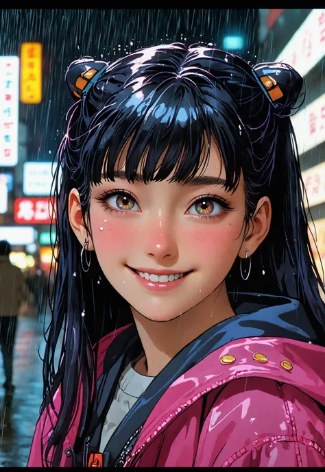 realistic, Analog style, vhs style, 8mm film, chromatic aberration, Dvd screengrab, from 1985 dark fantasy film, cinematic lighting, night city, 1girl, Japan, realistic, girl, smiling, cute face, harajuku fashion style, rain coat, beautiful, colourful, neon lights, cyberpunk, smooth skin, sideways glance, foreshortening, 8K, smooth, high resolution, highly detail eyes, highly detail mouth, highly detailed face, perfect eyes, both eyes are the same, glare, Iridescent, Global, high details, realsitic shadow