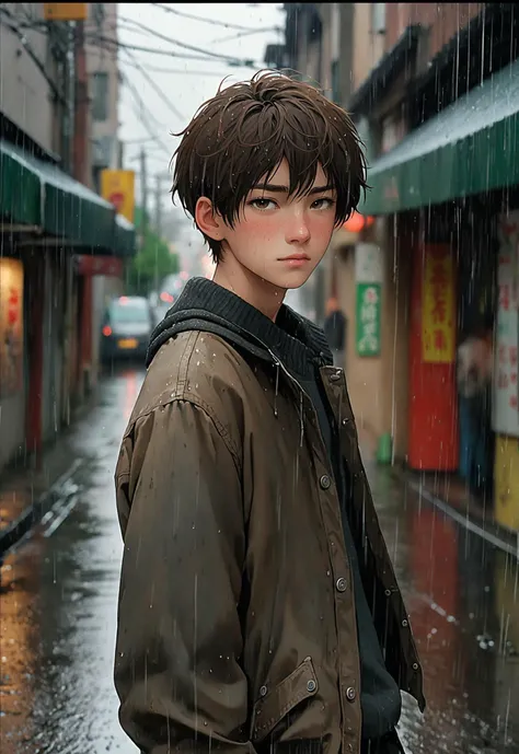 melancholic, in the style of Rinko kawauchi, Contemporary photography, Clean facial details boy, alone, 18years old, black clothes, It's raining, standing alone in the street, soaking in the rain, short hair, random film stills of dreamworks animationï¼a beautiful Chinese boy, 18years oldï¼There are a few light brown freckles on the cheek, , exudes an artist's temperament. in the style of fujifilm fujicolor c200, redpetzval 85mm f/ 2. 2, dreamy