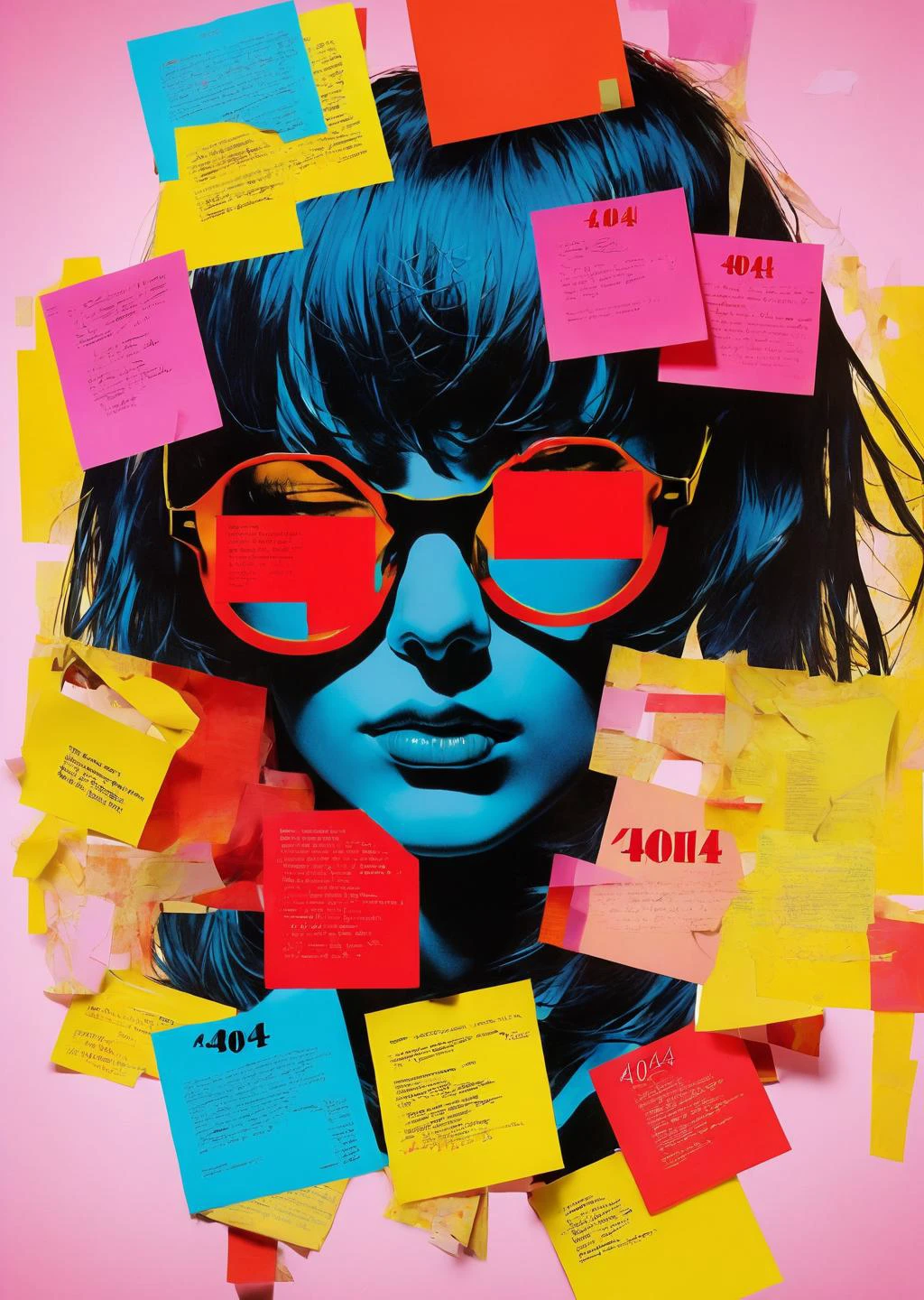 poster of 1girl, bangs, glasses, 
 3M post it  (with word "404" written  : 2 )
by Carl Kleiner   Barbara Kruger
abstract, American, collage, digital, graphic-design, pop-art, portraits