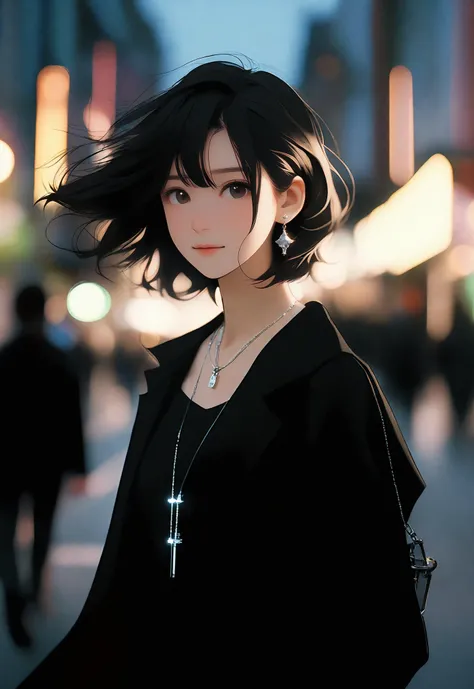 Standing on the street of the city, The lights are dim, in Black clothes, Wearing a silver necklace, Wearing silver earrings, in the style of gothic references, movie still, A Japanese girl with fair skin, camera tossing, Portrait photography, joyful, Walk to the camera, short hair, in the style of Rinko kawauchi, Contemporary photography, random film stills of dreamworks animationï¼ 18years oldï¼There are a few light brown freckles on the cheek, , exudes an artist's temperament. in the style of fujifilm fujicolor c200, redpetzval 85mm f/ 2. 2, dreamy