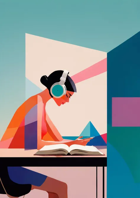 1girl, wireless headphone, desk, reading , classroom,
by Paul Catherall,
architecture, flat-colors, geometric, graphic-design, minimalism, urban-life, gradient, textured
