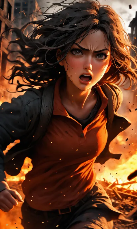 (masterpiece:1.5),(bestquality),highlydetailed,ultra-detailed,(1girl),(extremely beautiful),(running in panic),(ruined city:1.2),(crumbling buildings),(devastated landscape),(smoke-filled skies),(burning house:1.1),(fiery inferno),(broken car:1.1),(wreckage and debris),(gun explosion:1.2),(intense blast),(dynamic action),(desperate sprint),(fear-stricken expression),(wide-eyed terror),(tattered clothing),(dirt and sweat),(thick smoke),(dramatic lighting),(eerie shadows),(haunting ambiance),(ominous silence),(captivating narrative),(suspenseful storyline),(tense composition),(cinematic portrayal),(apocalyptic scene),(chaos and destruction),(close-up portrait),(expressive eyes),(sweat beads),(terror-stricken face),(turbulent emotions),(immersive scene),(engaging storytelling)