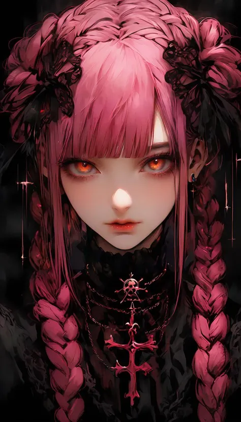 A hauntingly beautiful portrait of a young girl with a large wound her on cheek with stitches, 22 years old, her delicate features are framed by a tangle of intricately braided pink hair, drawing the viewer into her captivating gaze, wearing black, she seems to melt into the shadows that surround her, there's a certain luminosity about her - almost as if she were lit from within, subtle yet vibrant colors creates an ethereal atmosphere that's both mesmerizing and unsettling, Every aspect of this portrait - from the meticulous attention to detail on her clothing and accessories to the dramatic lighting effects - speaks volumes about her unique personality and style preferences, portrait perfectly captures the essence of modern goth culture, showcasing its blend of elegance, mystery, and macabre sensibilities, style of Anato Finnstark,