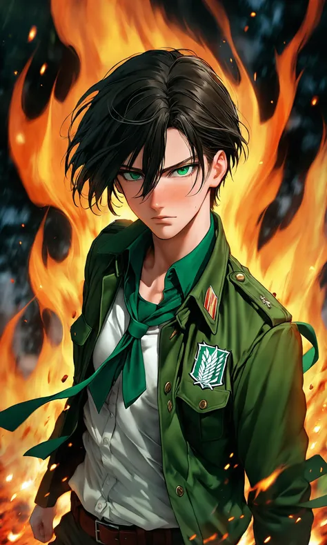 i want the whole image to be created in 3D anime style, solo, looking at viewer, short hair, blue eyes, shirt, black hair, long sleeves, 1boy, green eyes, jacket, male focus, open clothes, collared shirt, belt, blurry, uniform, open jacket, blood, blurry background, fire, freckles, brown jacket, blood on face, realistic, emblem, dirty, paradis military uniform, embers, dirty face, survey corps (emblem), green capelet