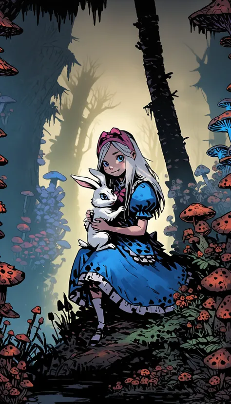 <lora:DarkestDungeonSDXL:0.7> ddstyle (portrait of Alice In Wonderland), ((young girl playing with a white bunny)), cute heartwarming friendship, blue eyes, (long floating hair), ((magical mushroom forest environment)), sunlight, dreamy atmosphere, (fantasy), intricate, highly detailed, sharp focus, low angle view, (centered image composition), professionally color graded, masterpiece, trending on artstation, hdr 4k, 8k, ((samdoesarts))