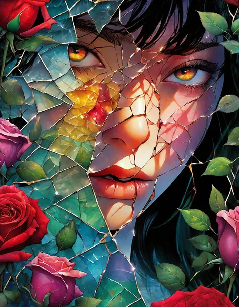 Compose a deeply emotional and visually stunning image featuring a young Norwegian woman, face as cracked broken glass, natural skin, in the Garden of Eden, with delicate multicolored roses, incorporate abstract art elements conveying a broken glass effect, conveying shattered memories and a tinted background with vivid shades to enhance the emotional impact, include rose thorns dripping with blood, adding to the overall beauty and evocative nature of the piece, hyper-detailed and intricate elements, The dramatic atmosphere enhances the overall high-quality and detailed nature of this stunning piece of artwork, style of Josan Gonzalez,