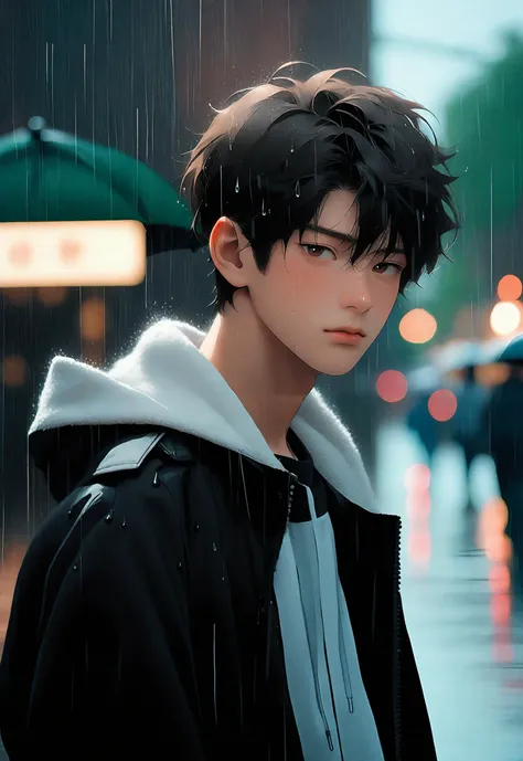 melancholic, in the style of Rinko kawauchi, Contemporary photography, Clean facial details boy, alone, 18years old, black clothes, It's raining, standing alone in the street, soaking in the rain, short hair, random film stills of dreamworks animationï¼a beautiful Chinese boy, 18years oldï¼There are a few light brown freckles on the cheek, , exudes an artist's temperament. in the style of fujifilm fujicolor c200, redpetzval 85mm f/ 2. 2, dreamy