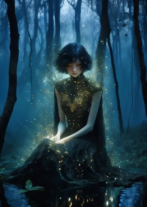 (by Adam Martinakis, Paolo Roversi) close up, detailed face, In the heart of a dark, enchanted forest, a lone girl sitting resplendent in a breathtaking gown, floating glowing particles shadow dramatic lighting [(details:1.2): [ (many small details:1.3) : [ (many ultrasmall details: 1.2):(very detailed ultrasmall edges and microrelief:1.5):0.7 ]: 0.4 ] :0.2]