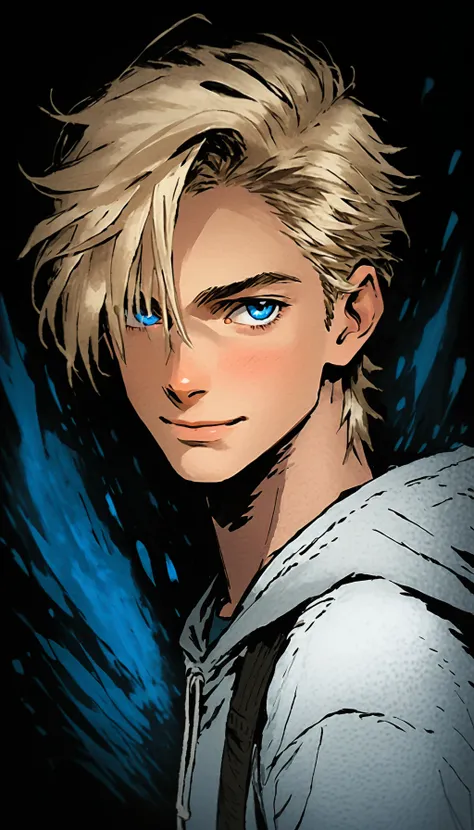 <lora:crayons_v1_sdxl:0.5> <lora:DarkestDungeonSDXL:0.5> ddstyle (masterpiece, illustration, high resolution:1. 3), Niji-style, young teenager boy, blonde hair, handsome face, blue bright eyes, good heart, purity, fragile, fit healthy body, energy, attractiveness, vibrant colors, soft focus, dreamlike atmosphere, ethereal lighting.