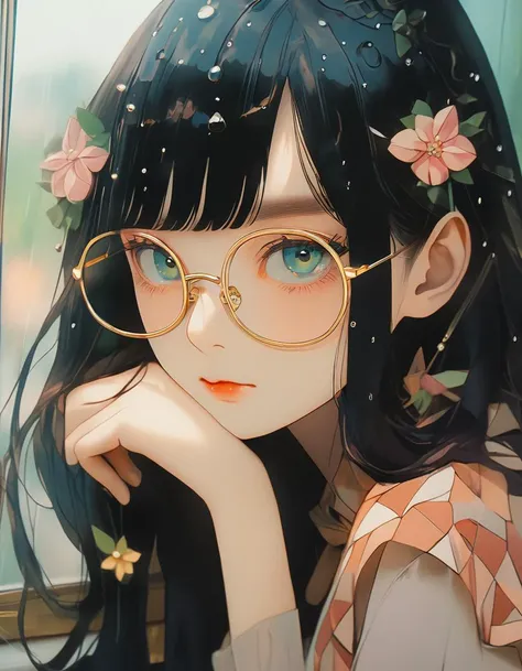 absurdres, highres, best quality, masterpiece, 4K, 8K, Ultra HD, photorealistic, contemporary photography, The style of marianna rothen and Diane Arbus, 1 japanese girl, lazy, lovely, fashionable, detailed long hair, bangs, looking at viewer, Art deco tinted glasses, ornate frames, geometric patterns, elegant design, pastel color lenses, Rainy day, window scene, gloomy weather, reflective mood, looking out the window, subdued ambiance, vintage, retro, complex shading, depth of field, film grain, lifelike,