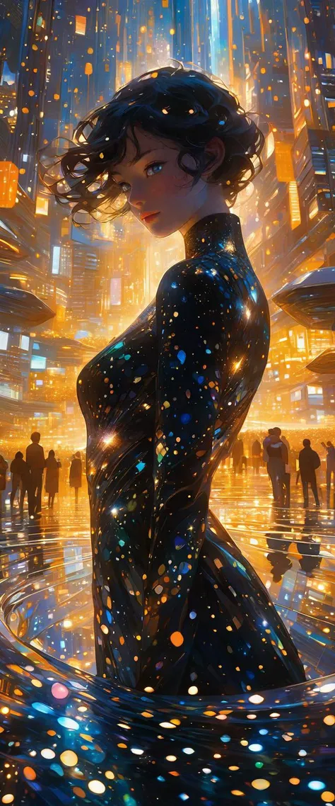 Pointillisme, by Susan Rothenberg and Dana Schutz and Chen Hongshou,
break
Envision a beautiful woman standing gracefully in the heart of a glittering futuristic city. The night sky above her is filled with gem-like stars, and a fantastical aura of light surrounds her. Her dress, made of futuristic materials, changes color with her movements, adding to her elegance. Her eyes reflect the distant stars, suggesting a story full of depth and mystery. In the background, towering buildings and fluid water sculptures create a harmonious symphony, with music that has a unique resonance filling the space. The camera angle is slightly low, looking up to capture her as an enchanting portrait. The lens used is a wide-angle, capturing both her figure and the expansive cityscape behind, symbolizing her presence and the vastness of space around her, [ (many small details:1.3) : [ (many ultrasmall details: 1.2):(very detailed ultrasmall edges and microrelief:1.5):0.7 ]: 0.4 ] :0.2], 
break
Delicate beauty, Perfect eyes, Intricately detailed eyes, Star-reflecting eyes, Perfect nose, detailed soft skin, perfect nose, perfect lips, perfect anatomy, (dramatic Belt of Venus:1.2), Standing with hand on hip,
break
Sculpted facial features, Futuristic city, Glittering stars, Fantastical light aura, Color-changing dress, Futuristic material, Story-filled expression, Towering architecture, Fluid water sculptures, Unique resonating music, Presence, Expansive cityscape, Cinematic poster style, Concept art storytelling, Novel illustration, Poetic expressions,
break
gradient background with Dramatically lit and Jones-Emberson 1 Nebula and Milarite and Aluminosilicate glass, 
break
(close up her face:3), (dynamic angle, sharp focus, deep of field, symmetric composition, golden ratio:1.5),  Pendant light, film grain, Polaroid Transfers,
break
(best quality, masterpiece, official art:1.5), highres, raw photo, ultra high res, professional, absurdres, ultra detailed, extremely detailed, intricately detailed, HDR, UHD, 64K, 
break
<lora:add-detail-xl:1.5>,