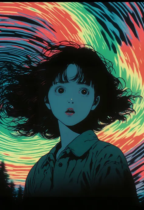 Analog style, vhs style, 8mm film, chromatic aberration, Dvd screengrab, from 80s horror movie, directed by Junji Ito I close my eyes Oh God I think I'm fallin' Out of the sky I close my eyes Heaven help me, high detail, realsitic shadow