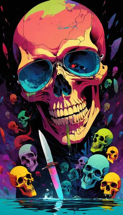 <lora:add-detail-xl:1> artist asaf hanuka, skull, psychedelic background, vibrant background, alien art, moodie, nft, artist Tomer Hanuka, artwork, crazy colors, knife, water