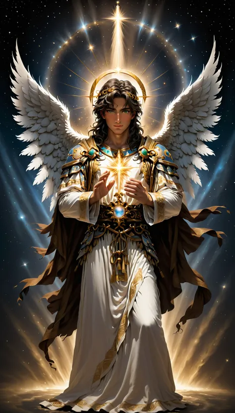 <lora:FaeTastic2:0.5> <lora:DarkestDungeonSDXL:0.5> ddstyle photo of Angel Gabriel, an exquisite portrait of Angel Gabriel in his celestial form, the image capturing his flawless skin pores and detailed textures, attired in traditional Arcangel garb, the ambiance is peaceful and profoundly spiritual, the lighting casting an ethereal glow on his figure, photographic, the photograph is a stunning demonstration of photorealism, captured with a Sony Alpha 1 camera, 85mm lens, and f/1. 4 aperture, a shutter speed of 1/500, and ISO 100 film, the final image is in 8K UHD, with an array of muted and neutral tones