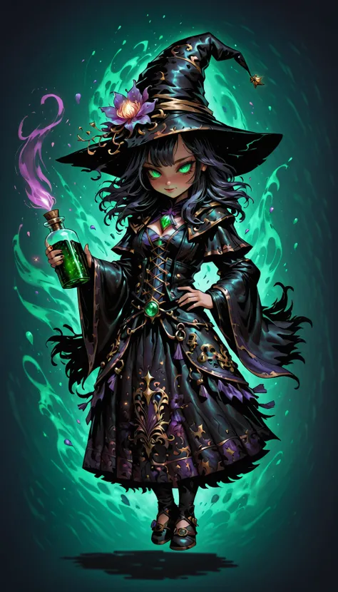 <lora:FaeTastic2:0.5> <lora:DarkestDungeonSDXL:0.5> ddstyle full body&move&dances\pose\slow motion, anatomical, little&creepy&girl\wizard, cloak\dark\leather\intricate pattern, toxicspell&bottle&little\conjure\hand, dark&moody&universe\background, insanely, detailed, bloom, highest quality, digital art, concept art, 8k, high sharpness, detailed pupils, digital design, detailed face and eyes, Masterpiece, best quality, highly detailed photo, 8k, photorealistic, sharp, perfect body, realistic, intricate shadow, 3d, style by Chao Teng Zhao