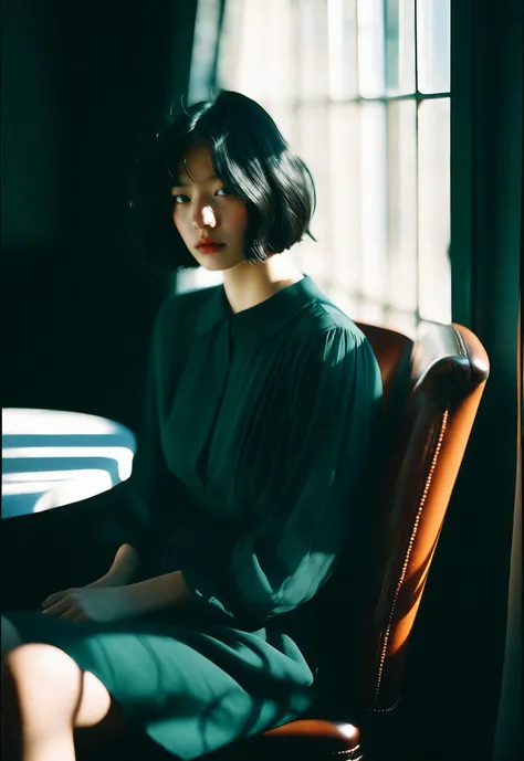 Clean, random film stills, chinese, in the style of gothic references, movie still, in the style of Contemporary photography, short black hair, alone, Sitting in a chair, the sun shone through the window on her cheek. in the style of laura makabresku, a beautiful girl, There are several light brown freckles on the cheek, , exudes an artist's temperament. werner herzog, light crimson and aquamarine, , in the style of fujifilm fujicolor c200, redpetzval 85mm f/ 2. 2, dreamy