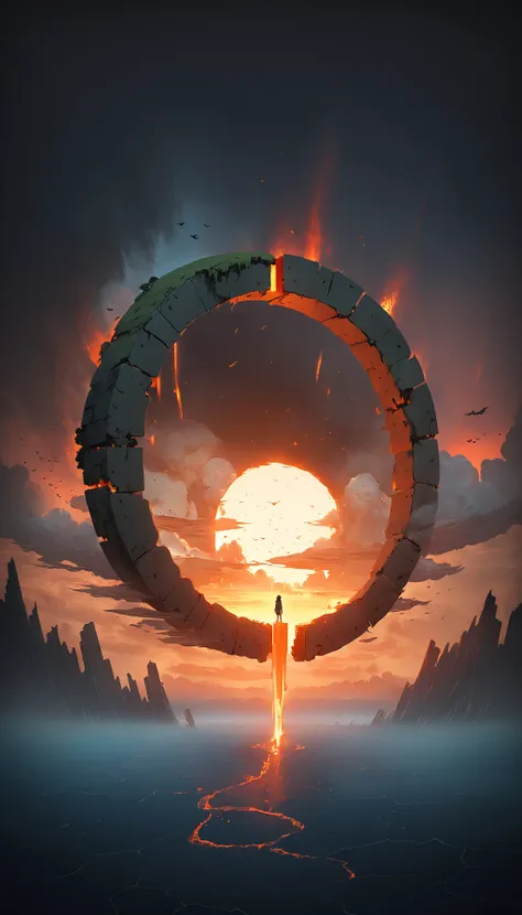 <lora:DarkestDungeonSDXL:0.7> ddstyle Aerial view of stratocumulus forming a circular portal in the horizon by Ismail Inceoglu and Studio Ghibli, portal to a world in fire, 8 k, anime art style, cover art, dramatic scene Octane Render made by Studio Ghibli, great detail of depth, exceptional lighting, sunset, triadic colors, ominous
