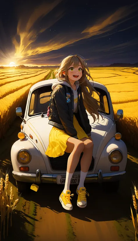 <lora:DarkestDungeonSDXL:0.3> ddstyle <lora:add-detail-xl:1> 1girl, jacket, white clothes, long hair, happy, yellow skirt, yellow running shoes, white stockings, sitting in the car, looking out,parted lips, gasping,Laugh, laugh, ,gorgeous,multiple_colors,sunlight, galaxy, multiple_colors_eyes, BREAK (Sky), Dusk, (Clouds, Wheat Fields, Rice Fields, Pickups, Cars, SFW, (masterpiece:1,2), best quality, masterpiece, highres, original, extremely detailed wallpaper, perfect lighting,(extremely detailed CG:1.2)