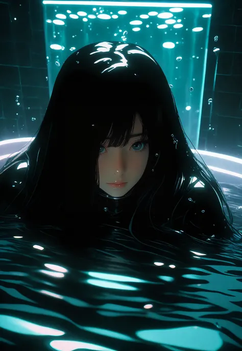realistic, Analog style, vhs style, 8mm film, chromatic aberration, Dvd screengrab, 80s sci-fi movie, cinematic lighting, 1girl, adult, extremely long hair, hair covering both eyes, plugsuit, cyberpunk, science fiction, laying down on back in water, submerged, bathtub, sinking, ice, dark room, neruojack, cables, cords, plugs, masterpiece, hyper detailed, semi realistic, 8k, high details, realsitic shadow