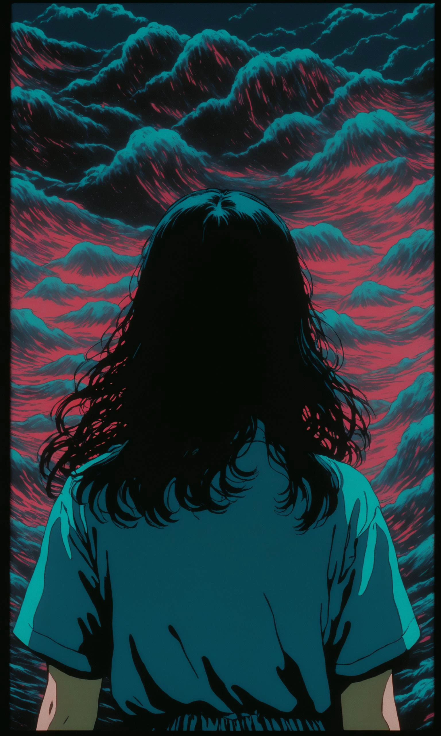 Analog style, vhs style, 8mm film, chromatic aberration, Dvd screengrab, from 80s horror movie, directed by Junji Ito I close my eyes Oh God I think I'm fallin' Out of the sky I close my eyes Heaven help me, high detail, realsitic shadow