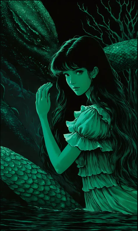 Dvd screengrab, from 1985 dark fantasy film art, acid horror film directed by Ryûtarô Nakamura and H. P Lovecraft Mermaid creature, high detail, realsitic shadow