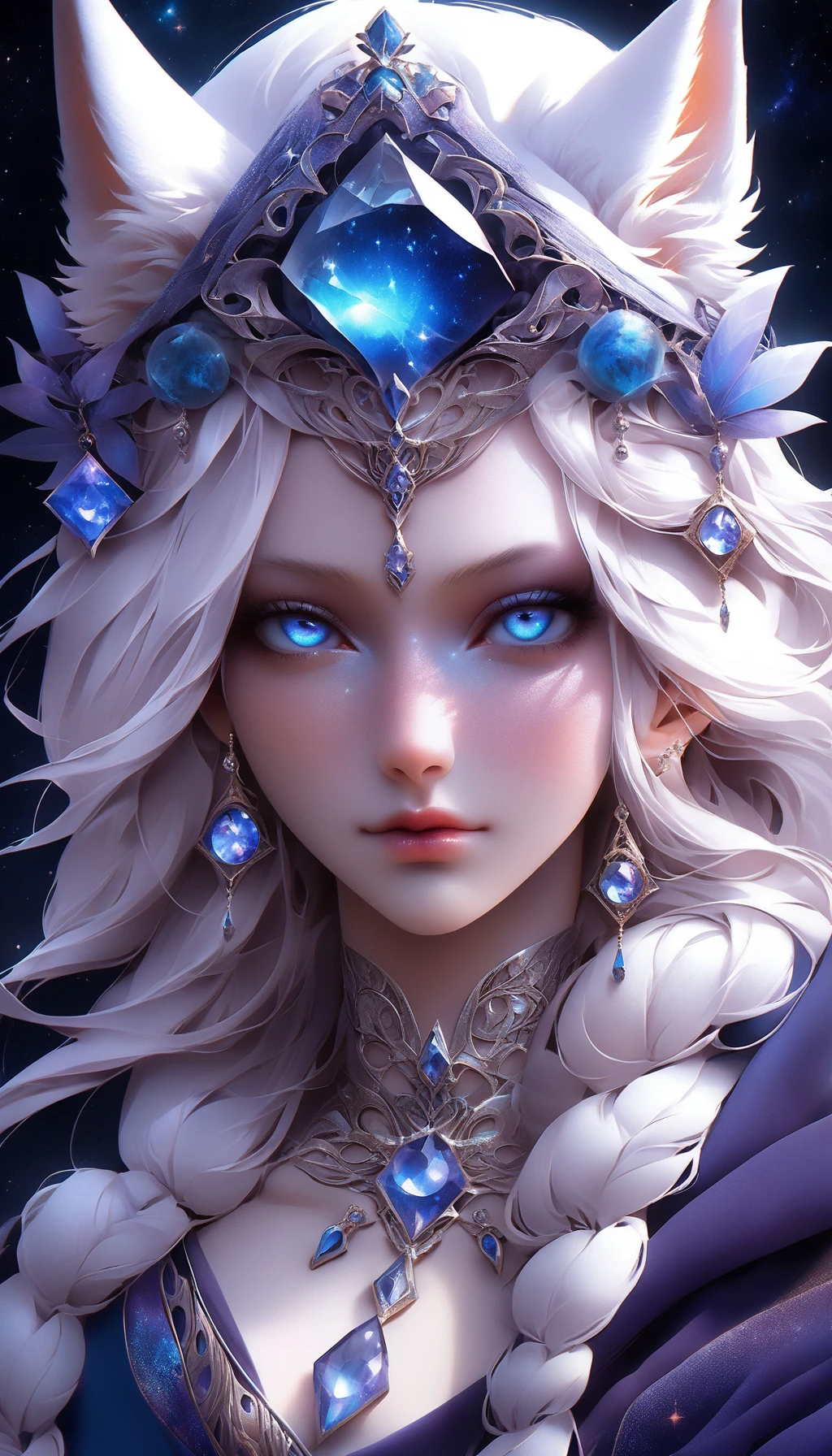 <lora:add-detail-xl:1> ultra beautiful galaxy Kitsune, elegant with the crystal maiden eyes, hypnotic opinion, in ultra detail galactic outfit, eve ventrue | DamShelma, Magali Villeneuve, Anna Dittmann, Mandi Disher inquisitive soul | inspiration | darc cold colors, intricate detailing, surrealism, fractal details, enigmatic gaze, artificial nightmares style | inspiration | rinpa school gongbi, dark colors, intricate detailing, surrealism, fractal fur, reflective eyes, detailed eyes, detailed art deco ornamentation, 32k