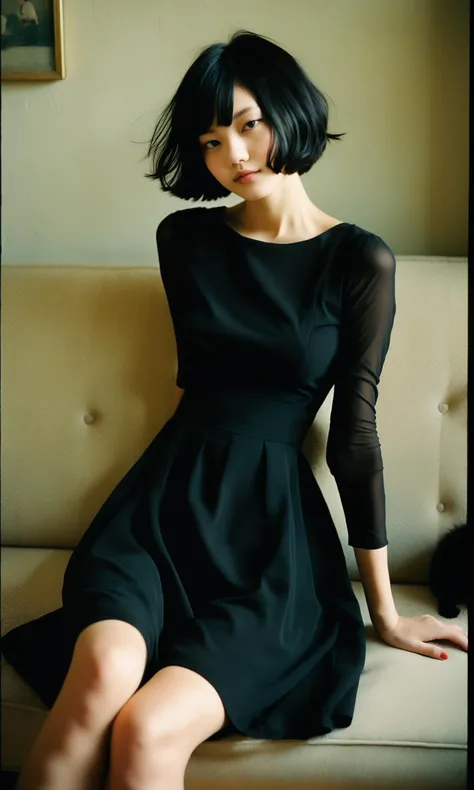 Japanese girl, black hair, The style of marianna rothen, Contemporary photography, a lazy and lovely girl, joyful, young, 18years old, with short hair, sitting on the sofa, Put your hands around her knees, dressed in a black dress, exudes an artist's temperament. , dreamy