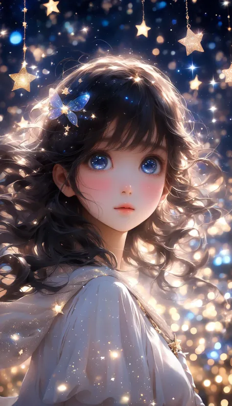 <lora:add-detail-xl:1> Prepare to be enchanted by the ethereal beauty of a girl with sparkling big eyes, whose cute face exudes an irresistible charm. In the style of anime, this image showcases her in a glamorous setting, surrounded by a celestial backdrop of sparkling stars. The scene exudes a sense of cinematic magic, transporting you to a realm where beauty and wonder intertwine. Let the sparkling stars and the girl's captivating presence captivate your imagination, as this anime-inspired image immerses you in a world of glamour and enchantment.