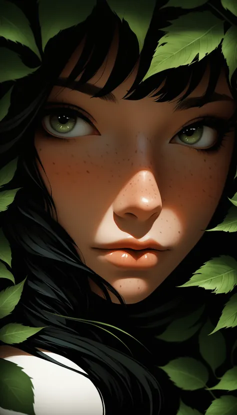 <lora:DarkestDungeonSDXL:0.3> ddstyle <lora:add-detail-xl:1> <lora:add-detail-xl:1> portrait of a unique breathtaking and beautiful woman face close-up, stunning detail, hyper detailed eyes, detailed skin with a flawless texture delicate and refined, smooth hair elegantly draped around her neck, subtle freckles on her nose, fullness of her lips, covered with leafs, captured in masterful composition, lighting accentuate her natural beauty, gentle shadows and highlights, incredible skill and attention to detail, nuance and detail, supersharp focus, Carne Griffiths, Conrad Roset, annie leibovitz, (hyperdetailed:1. 15), (soft light, sharp:1. 2), (Hasselblad masterclass:1. 1)