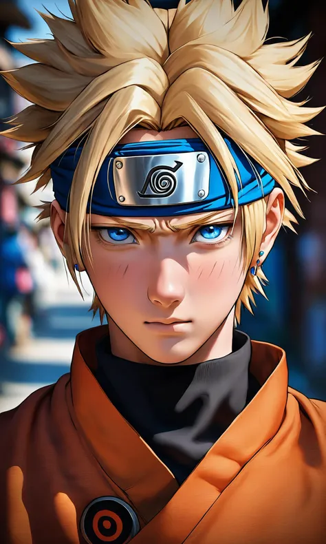 i want the whole image to be created in 3D anime style, solo, looking at viewer, short hair, blue eyes, blonde hair, long sleeves, 1boy, jewelry, closed mouth, upper body, male focus, earrings, artist name, blurry, blurry background, headband, facial mark, spiked hair, realistic, nose, ninja, forehead protector, konohagakure symbol, uzumaki naruto