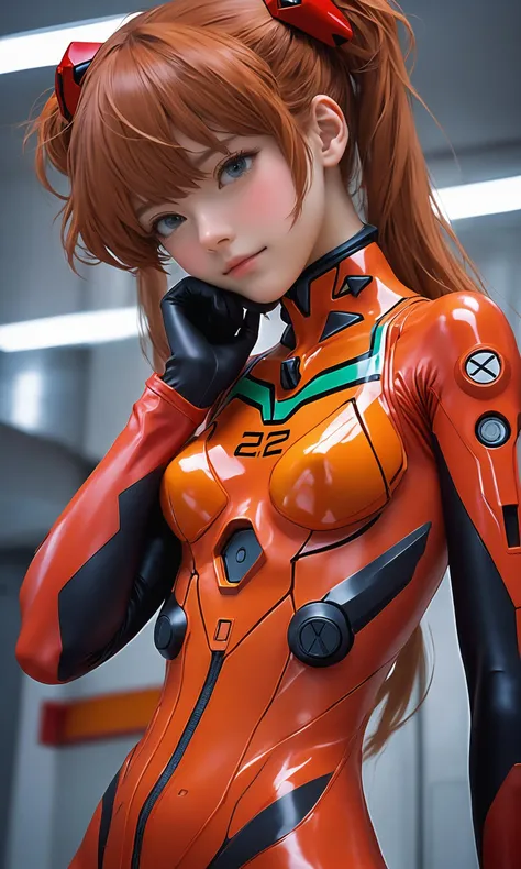 full body real - Live - action adaptation of a 3d character of Asuka Langley Soryu in plugsuit, charming face, NeonGenesis Evangelion cool expression