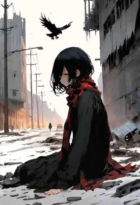 Amidst the ruins of a once-thriving metropolis lies a lone figure dressed head-to-toe in black, her emo aesthetic contrasting starkly with the desolate landscape around her, scarves cover her face, hiding any trace of emotion except for lingering sadness, wandering aimlessly through abandoned buildings and crumbling streets, Her pierced ears and nose glint in the faint sunlight filtering through the dust clouds, only splashes of color in this bleak world, she stops and rests her head against the cold metal surface of an overturned car, wondering how humanity could have allowed such devastation to occur,