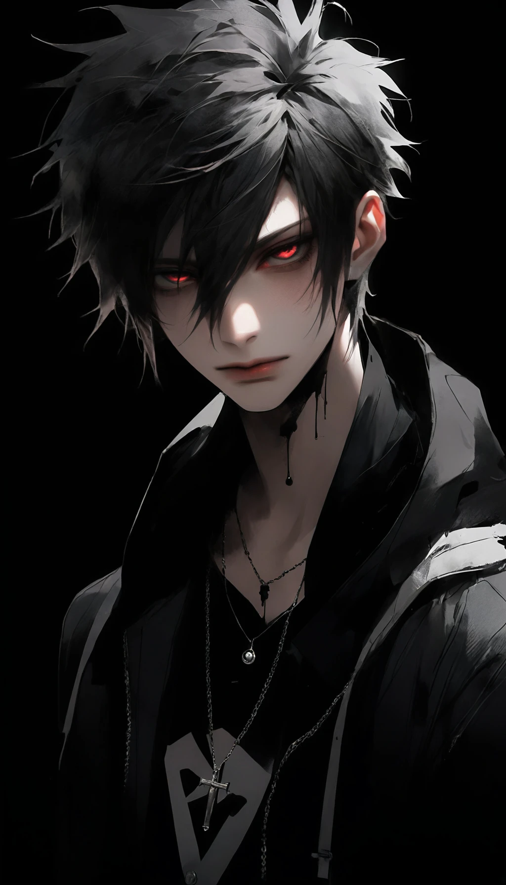 <lora:add-detail-xl:1> ((vindictive)), ((spoiteful)), An alluring portrayal of a boy with an emo aesthetic, highlighting his gorgeous face against a dark backdrop. His features should exude a sense of mystery and depth, with (messy:1.2) and (tousled:1.1) hair falling over one eye. He is dressed in a classic outfit that complements his style, with a (modern twist:1.1). The image should have a (contrasting:1.2) lighting, emphasizing the contours of his face and creating a captivating interplay of light and shadow. The overall tone should be moody and atmospheric, capturing the essence of his emo persona.