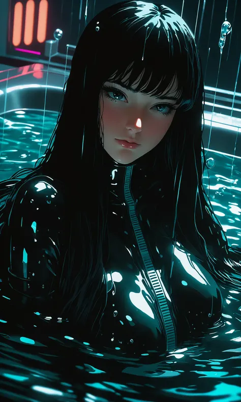 realistic, Analog style, vhs style, 8mm film, chromatic aberration, Dvd screengrab, 80s sci-fi movie, cinematic lighting, 1girl, adult, extremely long hair, hair covering both eyes, plugsuit, cyberpunk, science fiction, laying down on back in water, submerged, bathtub, sinking, ice, dark room, neruojack, cables, cords, plugs, masterpiece, hyper detailed, semi realistic, 8k, high details, realsitic shadow