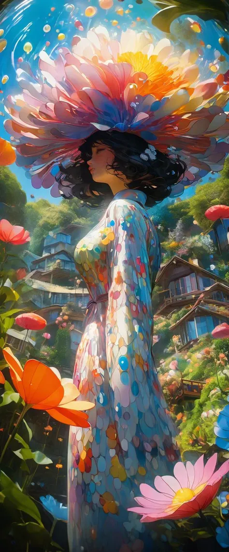 Art by Takashi Murakami and Michel Gagné and Dale Chihuly, Structure,
Picture a surreal landscape where a beautiful Cottagecore woman's form is crafted from a cascade of water, her features dynamically shifting with each drop. Surround her with flowers that bloom with melodies instead of fragrance, each note a brushstroke that paints her essence onto the canvas of reality. This sonorous garden exists in a perpetual state of sunrise, casting the world in a light that whispers of beginnings never conceived, 
extremely delicate and beautiful ,detailed face, perfect eyes, perfect nose, perfect lips, perfect anatomy,
Dappled, Sun rays, extremely, magic, surreal, fantasy, Spellbinding, [(details:1.2): [ (many small details:1.3) : [ (many ultrasmall details: 1.2):(very detailed ultrasmall edges and microrelief:1.5):0.7 ]: 0.4 ] :0.2],
face focus, dynamic angle, infrared, Worm's Eye View, shallow depth of field, taken by Helmut Newton,
(best quality, masterpiece:1.5), highres, raw, ultra high res, professional, absurdres, ultra detailed, extremely detailed, intricately detailed, HDR, UHD, 64K,