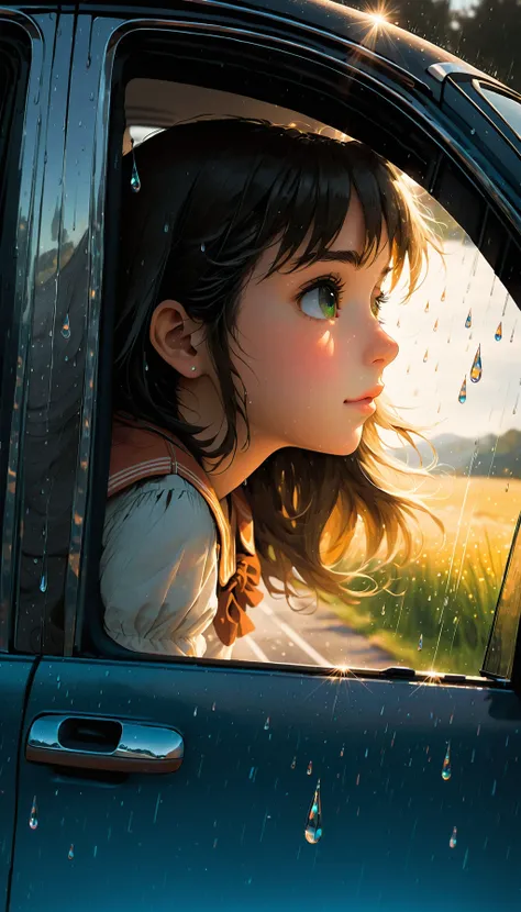 <lora:FaeTastic2:0.5> <lora:DarkestDungeonSDXL:0.5> ddstyle Aspect ratio: 21:9 Tags: (masterpiece, illustration, high resolution:1. 3), (cute girl leaning against car window:1. 2), (sad expression:1. 2), (moving vehicle:1. 2), (introspective mood:1. 1), (teardrops glistening:1. 1), (passing scenery:1. 1), (soft sunlight streaming:1. 1), (heartfelt longing:1. 1), (detailed textures:1. 1), (4K resolution:1. 1), (realistic artistry:1. 2), (poignant scene:1. 1), (farewell journey:1. 2), (nostalgic ambiance:1. 1), (captivating storytelling:1. 1)