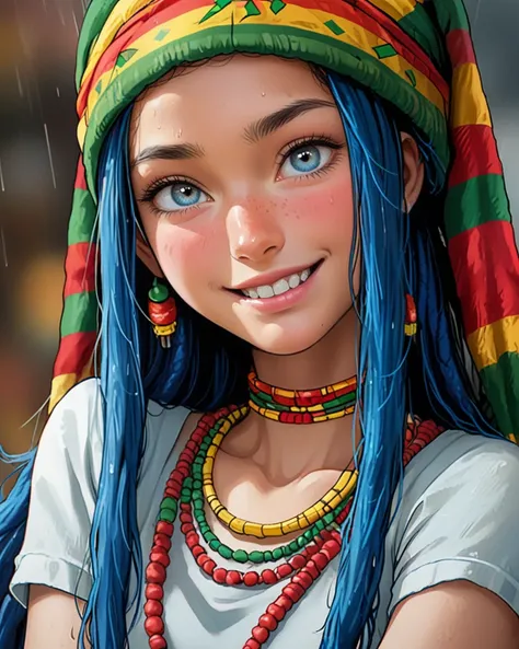 photograph, medium close-up shot of a slender (Girl:1.1) , the Girl is Pure, she is feeling very happy, glinting eyes, she is dressed in Rasta headwear, her headwear is Azure, Thunderstorm, Lustful, soft light, Nikon d3300, Depth of field 270mm, Technicolor, photolab, photorealism, highly intricate, confident, fertile, dynamic dramatic atmosphere, fabulous colors