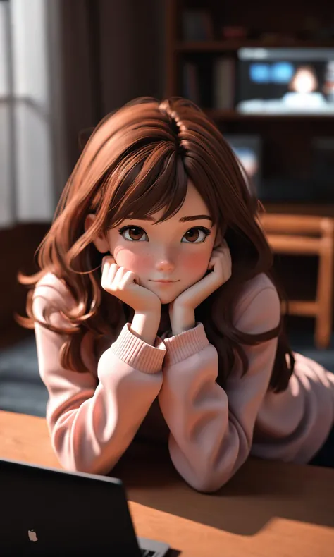 i want the whole image to be created in 3D anime style, 1girl, solo, looking at viewer, blush, brown hair, long sleeves, closed mouth, indoors, blurry, black eyes, child, freckles, head rest, female child, computer, laptop
