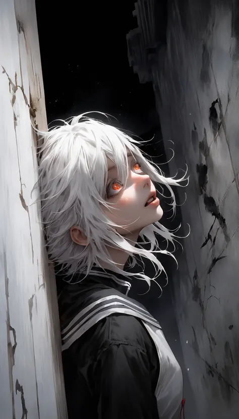 <lora:add-detail-xl:1> (masterpiece, best quality, realistic, detailed, crisp:1.2), intricate details, entropymagic, KanekiMeme, (hair over eyes:1.3), (1girl, looking up), leaning against wall, white hair, dissolving, dark room,