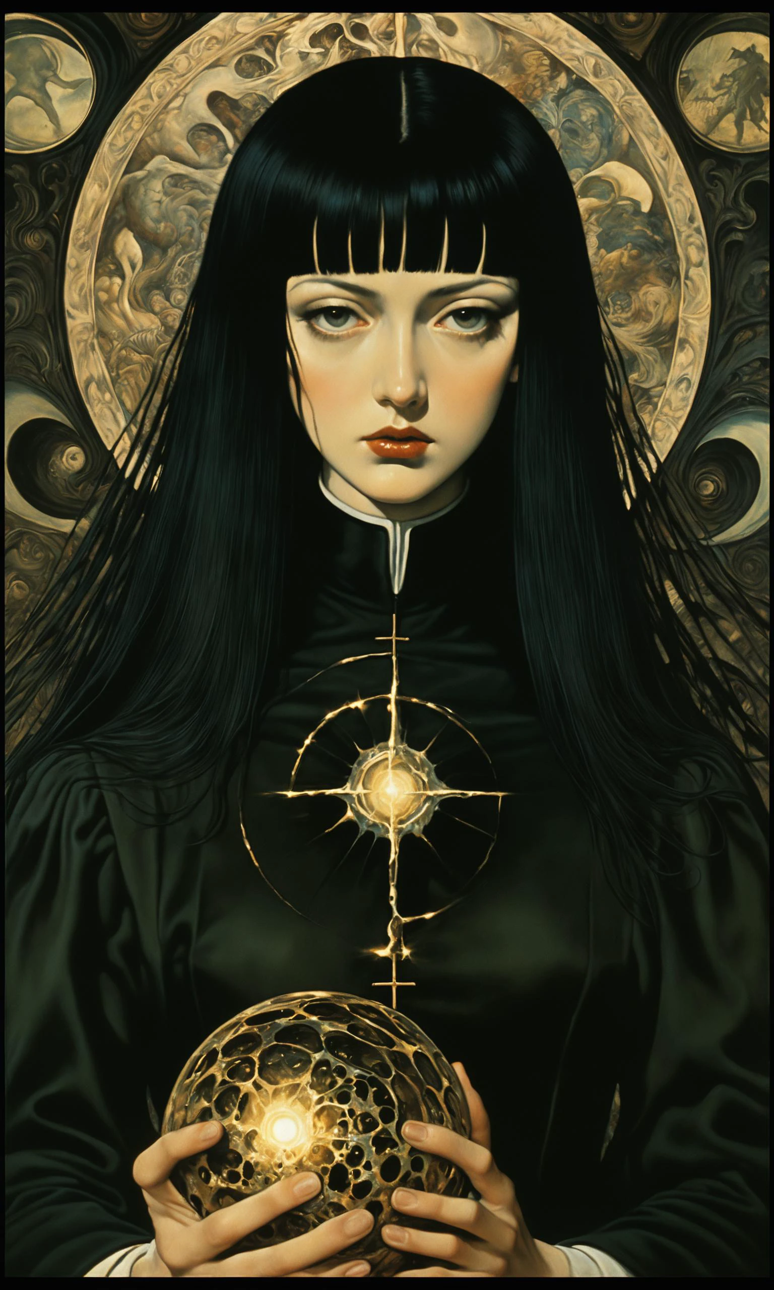 Dvd screengrab, from 1985 dark fantasy film, vintage style art, Shattered duality, broken reality, light and dark, good and evil, oil painting, Junji Ito, Salvador Dali, H. P Lovecraft, voidcore, foxpunk, hyper detail, most beautiful masterpiece, high detail, realsitic shadow