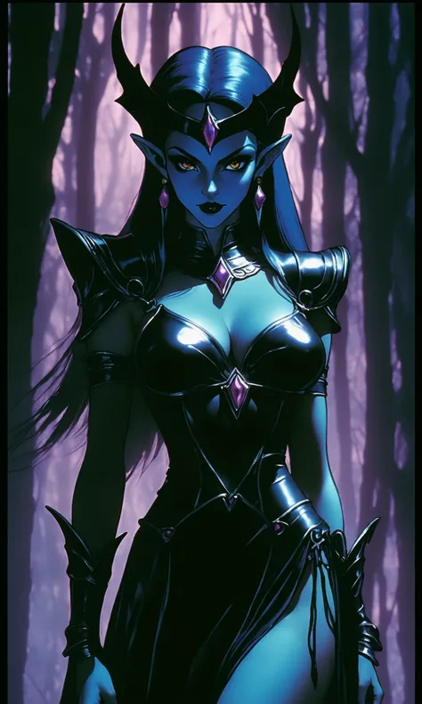 Analog style, vhs style, 8mm film, chromatic aberration, Dvd screengrab, from 1985 dark fantasy film art, "Legend", full body DARK ELF PRINCESS, random background, high detail, realsitic shadow