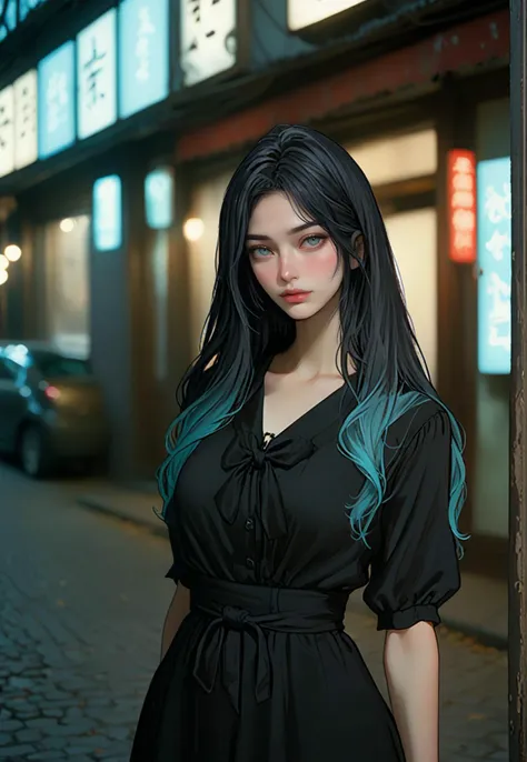 Beautiful Japanese girl,  The lights are dim, in a black Casual dress, in the style of gothic references, movie still, werner herzog, light crimson and aquamarine, mikhail nesterov, 8k, marianna rothen, , joyful and optimistic, Japanese girl, palewave, Natural scroll hair, lazy, black hair, The style of marianna rothen, Contemporary photography, in the style of fujifilm fujicolor c200, redpetzval 85mm f/ 2. 2, dreamy
 <lora:Lunas-Ennuigrl-SDXL-A1:0.9>