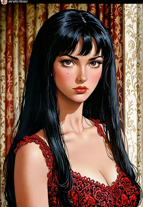 Dvd screengrab, from 1985 dark fantasy film, vintage style art, Kodachrome Photograph of a woman with pronounced hyper - feminine features designed to attract marriage - minded woman, hyper - realistic, high detail, realsitic shadow,black hair,