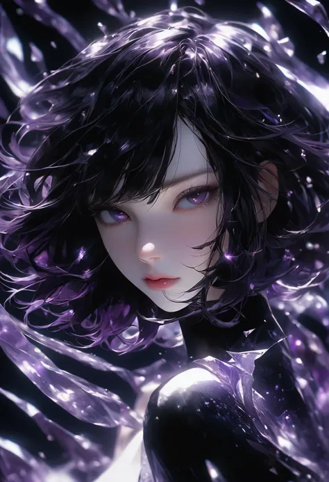 A professional horror photograph of beautiful girl,resplendent,extremely delicate and beautiful,detailed face,perfect eyes,perfect nose,perfect lips,pale skin,black background,spotlight,glare,amethyst,houseki no kuni,glass,purple short hair,purple eyes,upper body,purple glass debris,detailed purpure-black hair,(wind effect:1.5),super model,slender,intricate medium breasts,(perfect anatomy, anatomically correct, human anatomy, proportionate body),with intricately detailed ogres,inspired by Chanel Thomas and André Masson,