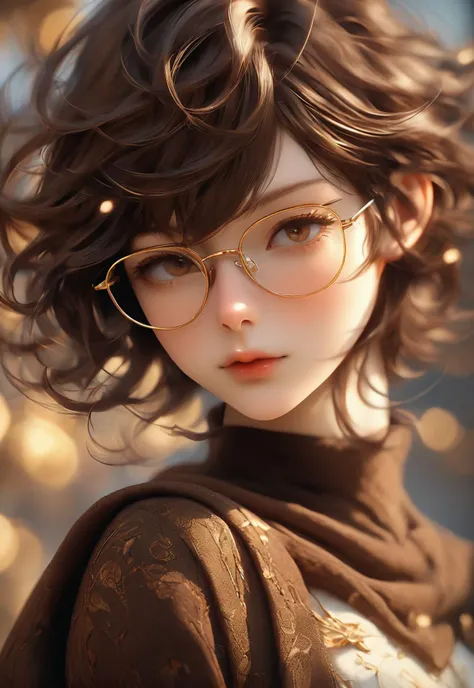 A beautiful girl, extremely delicate and beautiful, detailed face, perfect eyes, perfect nose, perfect lips, pale skin, detailed pixie cut, detailed long chocolate brown hair, (wind effect: 1), with gold rimmed glasses, super model, slim, complex medium breasts, (perfect anatomy, anatomically correct, human anatomy, body proportions),
[detail: 1.2) : [(many small details: 1.3) : [(many super small details: 1.2) : (very detailed super small edges and micro reliefs: 1.5) : 0.7 ] : 0.4 ] :0.2],