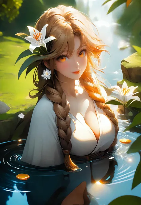 ((masterpiece)), best quality, perfect anatomy, (1girl, solo focus:1.4), pov, looking at viewer, flower trim,(perspective, sideway, From directly above ,lying on water, open hand, palm, :1.3),(Accurate five-fingered hands, Reach out, hand focus, foot focus, Sole, heel, ball of the thumb:1.2), (outdoor, sunlight:1.2),(shiny skin:1.3),(masterpiece, white border, outside border, frame:1.3),(motherhood, aged up, mature female, medium breasts:1.2), (curvy:1.1), (single side braid:1.2), (long hair with queue and braid, disheveled hair, hair scrunchie, tareme:1.2), (light Ivory hair:1.2), looking at viewer, Calm, Slight smile,(anemic, dark, lake, river,puddle, Meadow, rock, stone, moss, cliff, white flower, stalactite, Godray, ruins, ancient, eternal, deep ,mystic background,sunlight,plant,lily,white flowers, Abyss, :1.2), (orange fruits, citrus fruit, citrus fruit bearing tree:1.4), volumetric lighting,good lighting,, masterpiece, best quality, highly detailed,extremely detailed cg unity 8k wallpaper,illustration,((beautiful detailed face)), best quality, (((hyper-detailed ))), high resolution illustration ,high quality, highres, sidelighting, ((illustrationbest)),highres,illustration, absurdres, hyper-detailed, intricate detail, perfect, high detailed eyes,perfect lighting, (extremely detailed CG:1.2)
