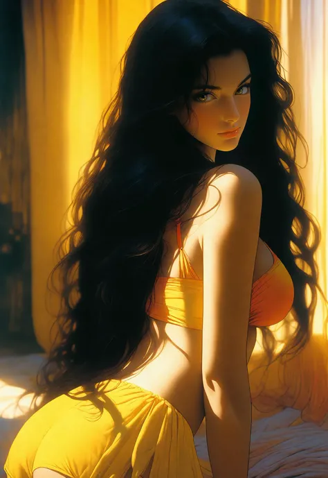 colorfull, Dvd screengrab, from 1985 dark fantasy film, vintage style art, beautiful girl model in beachwear, long dark hair, cozy bright room, film grain, golden hour, high detail, realsitic shadow, by Luis Royo
