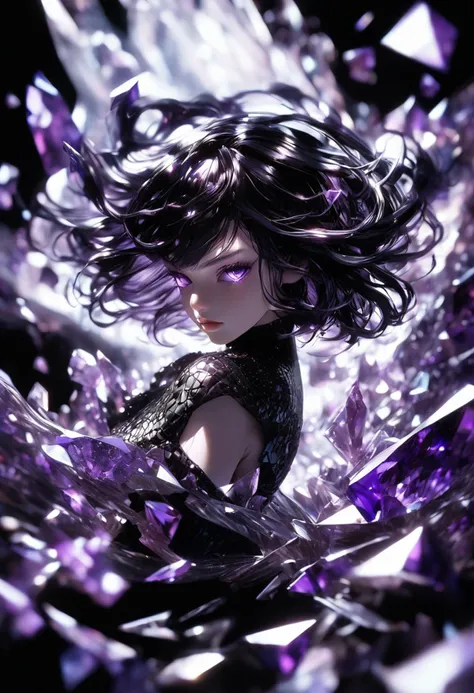 black background,spotlight,glare,amethyst,houseki no kuni,glass,professional horror photograph of beautiful,2girls,twins,purple short hair,purple eyes,upper body,purple glass debris,purple eyes,upper body,purple glass debris,detailed purpure-black hair,(wind effect:1.5),super model,slender,intricate medium breasts,(perfect anatomy, anatomically correct, human anatomy, proportionate body),with intricately detailed ogres,inspired by Chanel Thomas and André Masson,<lora:DreamARTSDXL:1>,